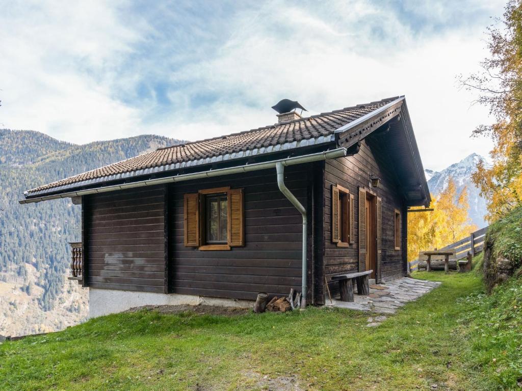 a small wooden house on a hill with a dog in front at Chalet in Mörtschach near Ski Slopes in Mörtschach