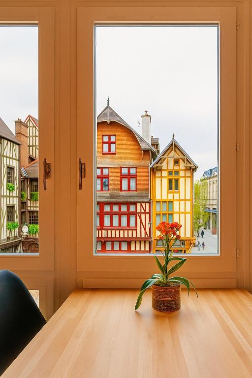 a room with a window and a plant on a table at Coeur du centre ville, haut prestation climatisation et Parking gratuit in Troyes