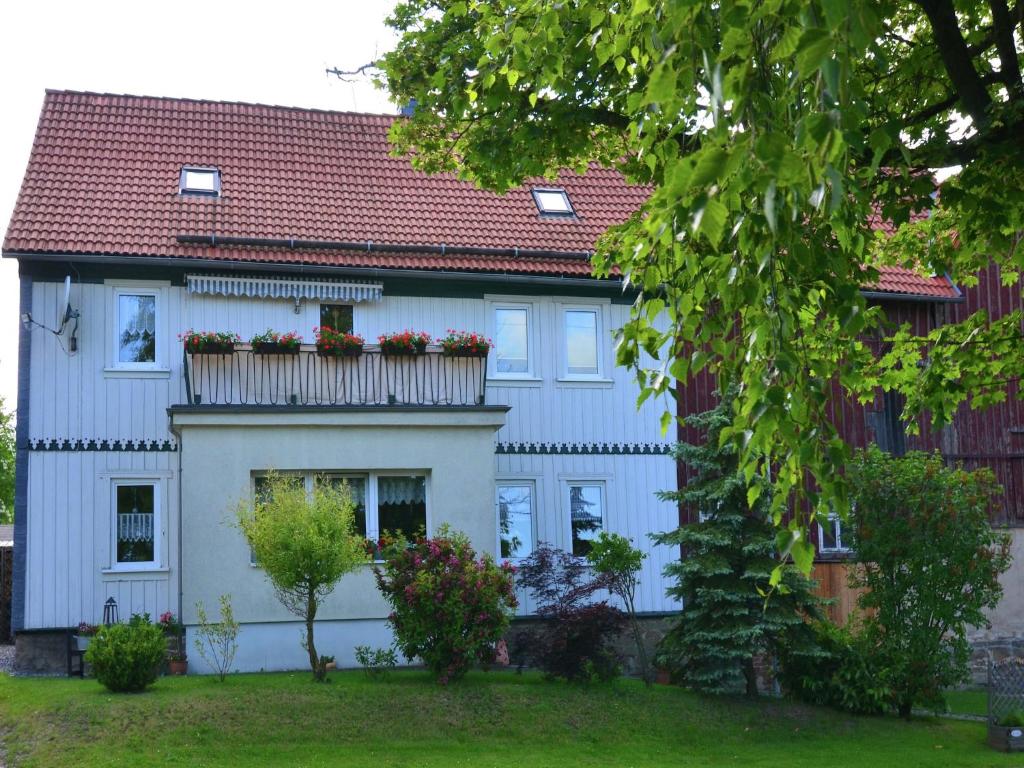a white house with a balcony with flowers on it at Ferienwohnung in den Hüttenroder Bergen in Hüttenrode