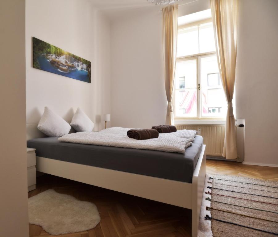 格拉茨Flataid CityAPART Lendplatz Neubaugasse的有大窗户的房间里的一张床
