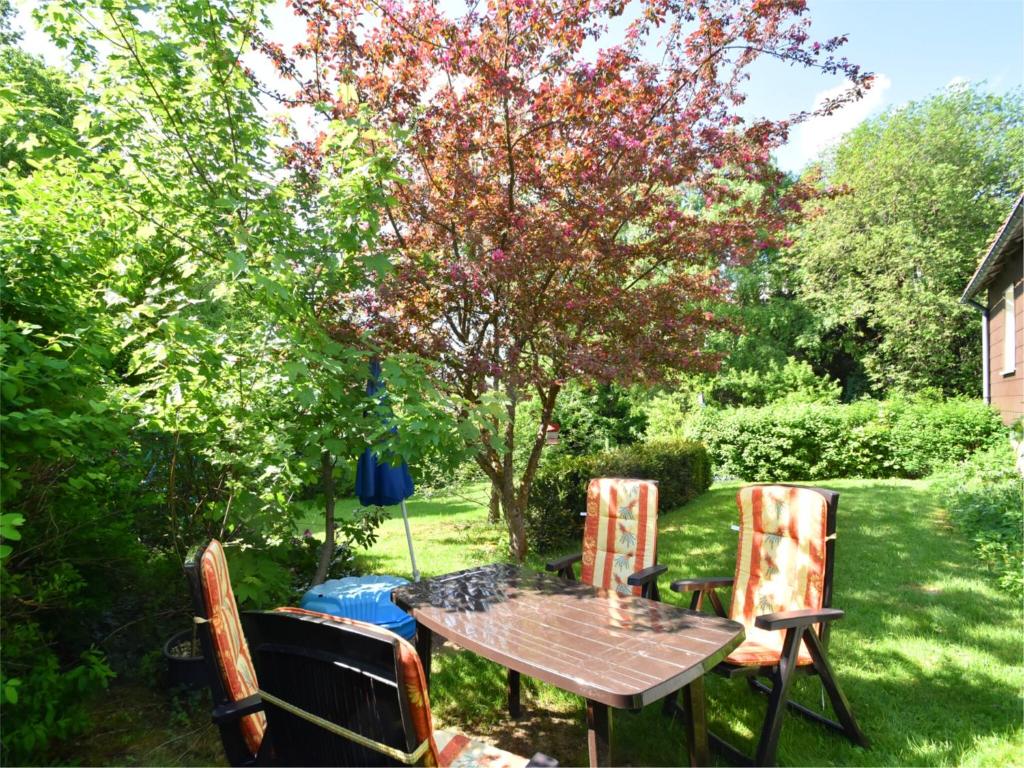 a table and chairs in a yard with a tree at Entspannender Skiurlaub in Braunlage in Hohegeiß