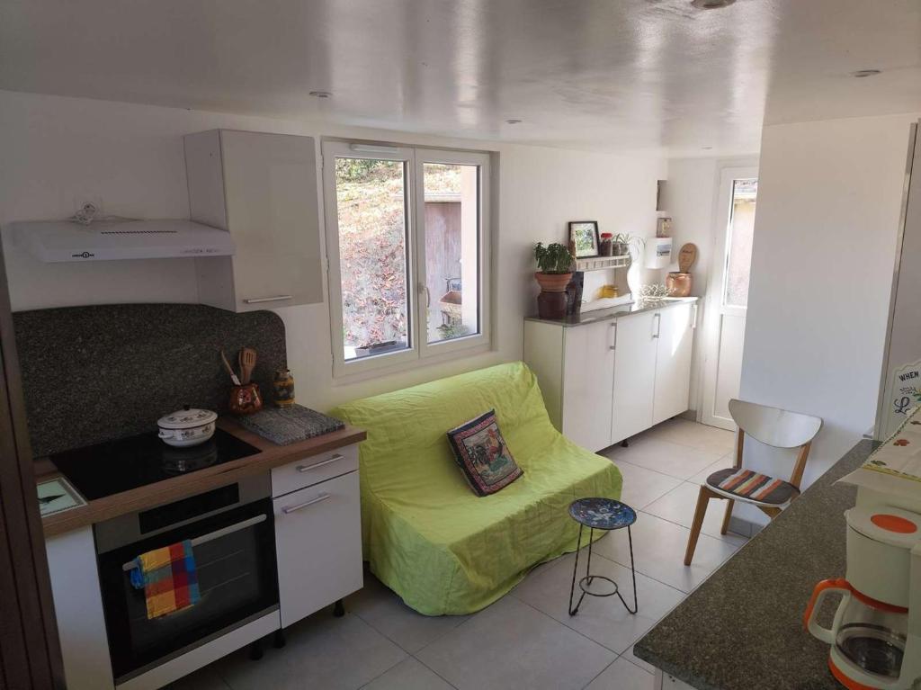eine Küche mit einem grünen Sofa in einem kleinen Raum in der Unterkunft La maison de Quitterie in Aire-sur-lʼAdour