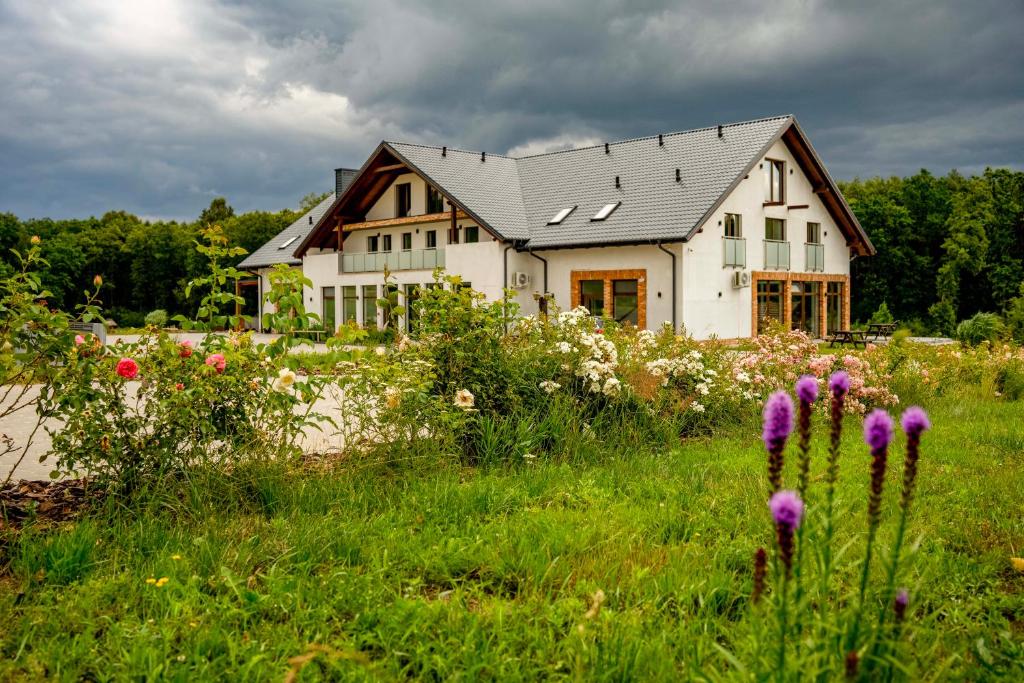 a house in the middle of a field of flowers at Dębowy Dwór, Wędkowanie, Stawy, Agroturystyka in Łagiewniki