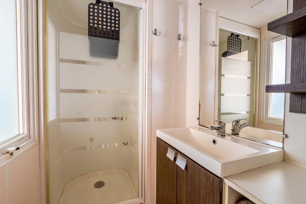 a bathroom with a sink and a toilet and a mirror at Mobil home dans camping familial piscine in Sainte-Eulalie-en-Born