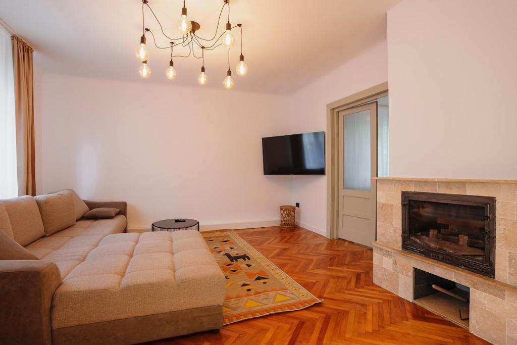 a living room with a couch and a fireplace at TripON cozy spot in Cluj-Napoca