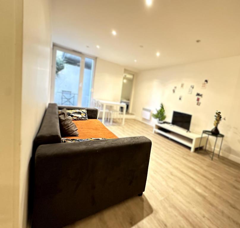 a large living room with a couch and a television at Eugène - Elégance & Confort in Reims