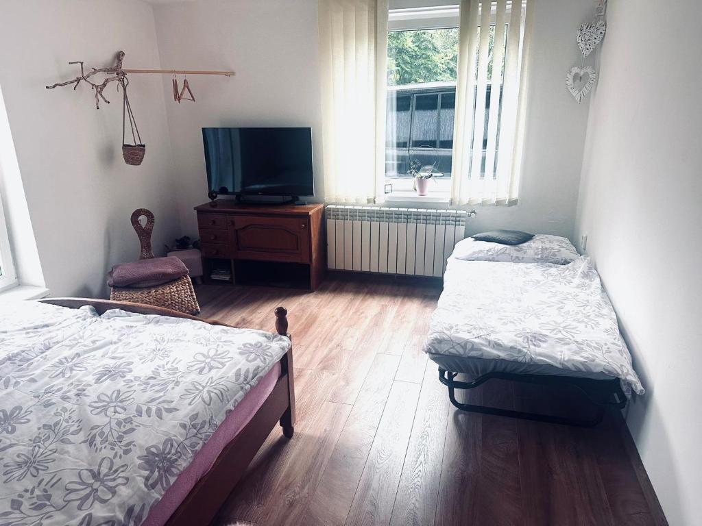 a bedroom with two beds and a flat screen tv at ViLa Veru in Liberec