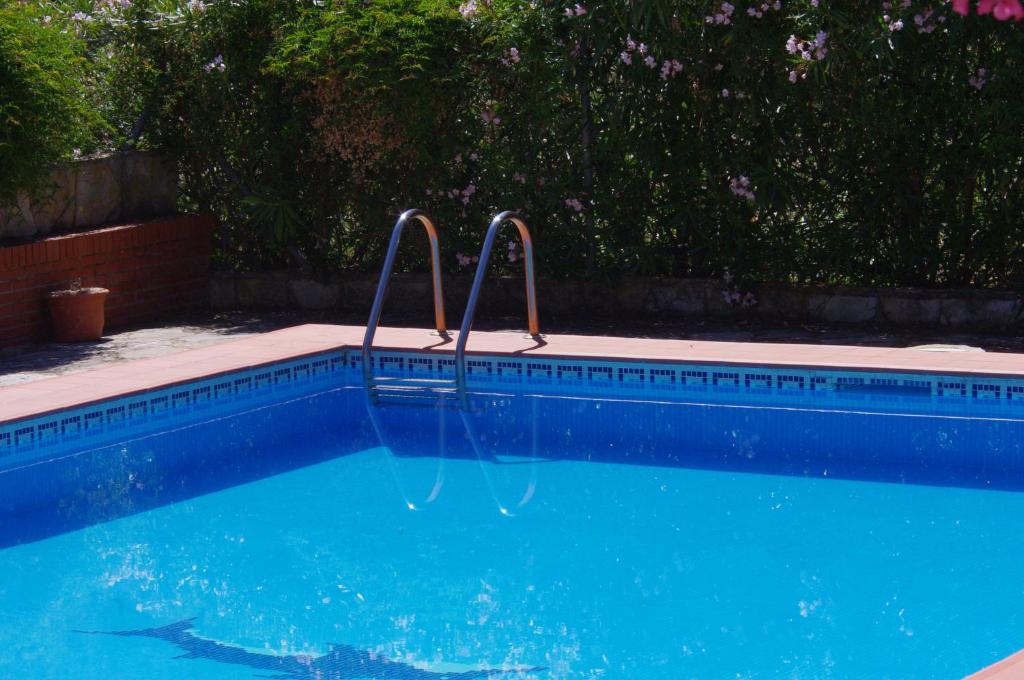 a blue swimming pool with two metal bars in it at Finca Barreras in El Gastor