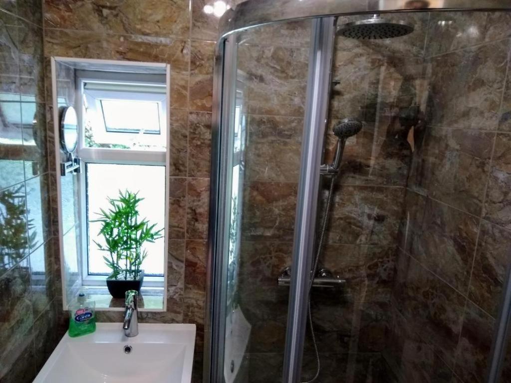 a bathroom with a shower and a sink at London Acton Central House in London