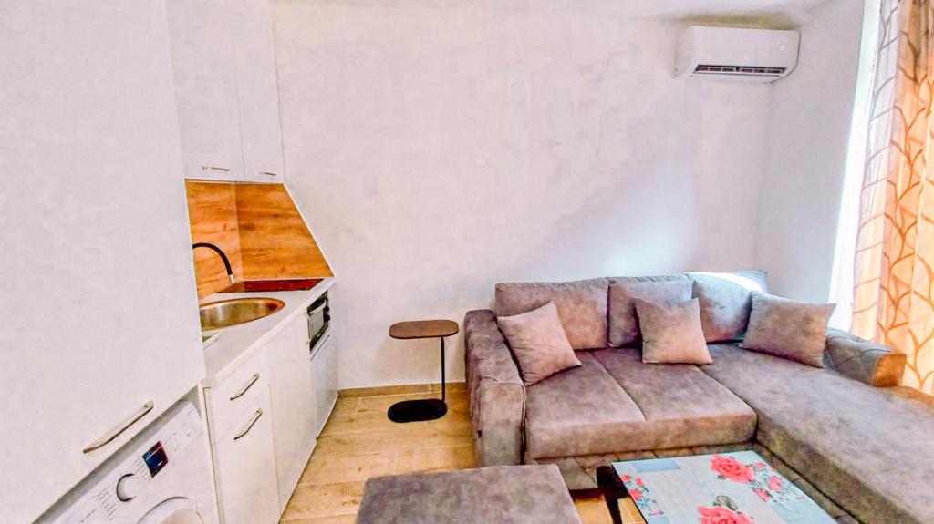 un soggiorno con divano e cucina di Apartman Lazar Trebinje a Trebinje