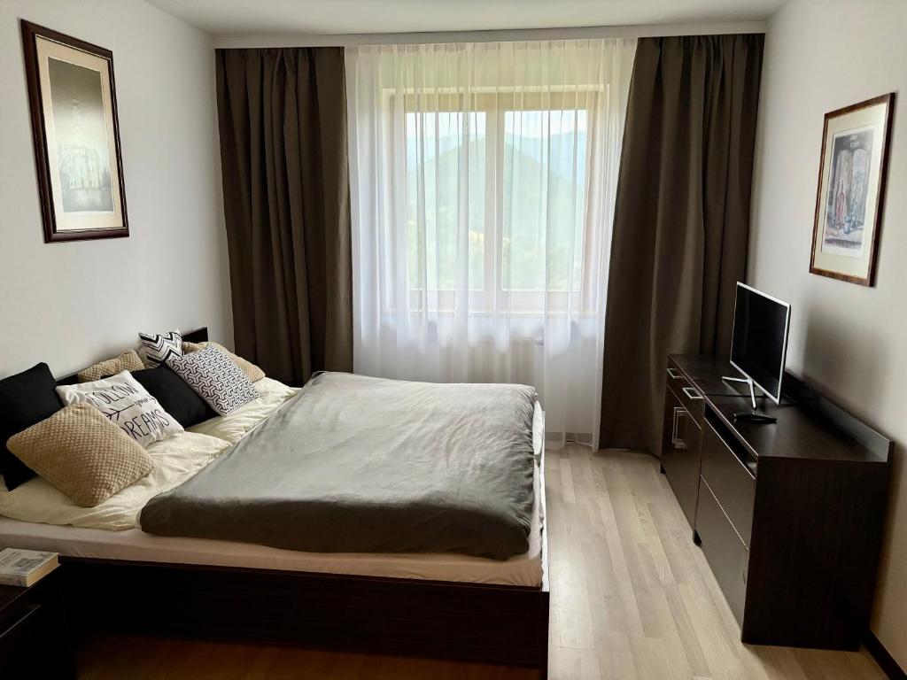 a bedroom with a bed and a window at Havasi View Donovaly - 2 Bedrooms, Mountain View, Garage, 2 WC, Balcony, Dishwasher, Guitar, 164 cm TV, Netflix in Donovaly
