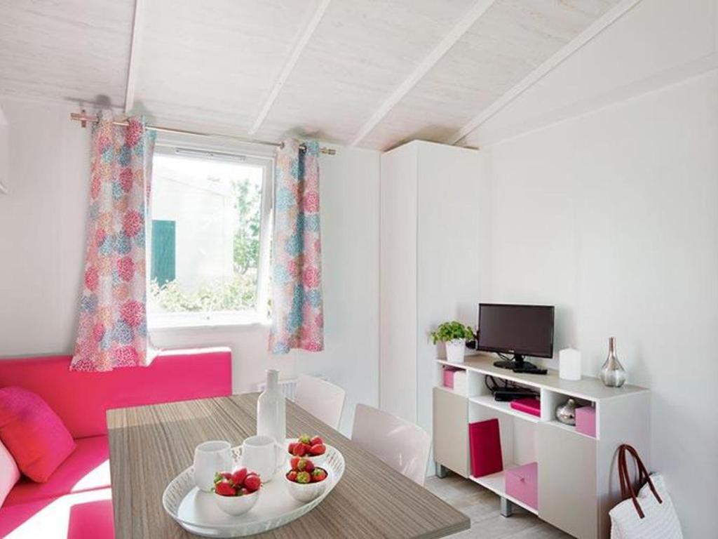 Μια τηλεόραση ή/και κέντρο ψυχαγωγίας στο Mobil-home pour 4 pers. avec terrasse à Saint-Gildas-de-Rhuys - API-1-52-763