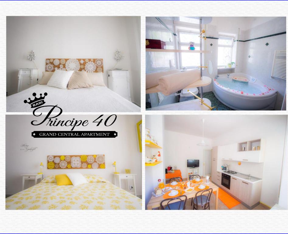 een collage van vier foto's van een slaapkamer en een badkamer bij Bari Grand Central Apartment in Bari