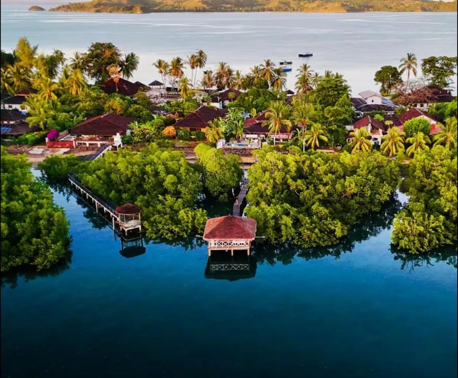 an aerial view of a resort on the water at Villa SAHONDRA in Nosy Be