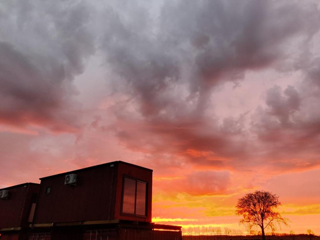 a cloudy sky with a building and a tree at Betuwe Lodge 1 in Tricht