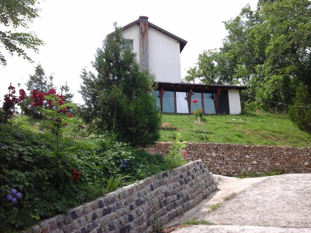 una casa en la cima de una colina con una pared de piedra en Casa Piscul Lupului, en Pucioasa