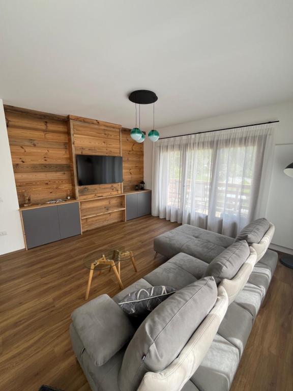 ein Wohnzimmer mit Couch und Fernseher in der Unterkunft Mountain Garden Apartments Larice in Giustino
