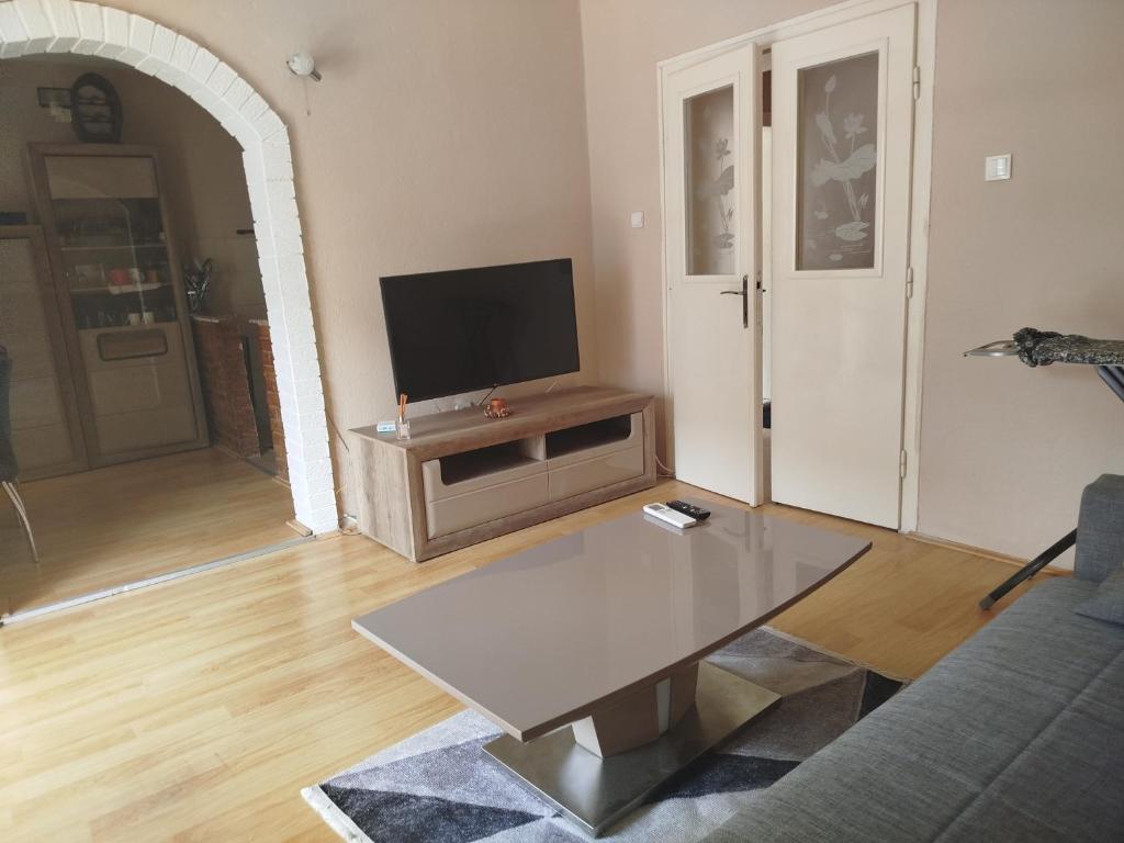 a living room with a couch and a tv at Apartment "Daisy Flower" - Center, Bitola in Bitola