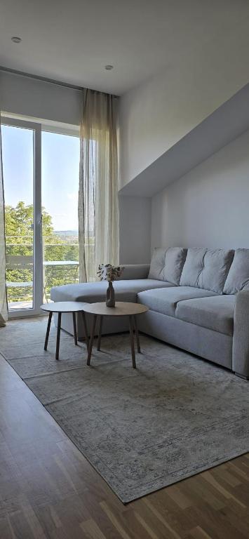 a living room with a couch and a coffee table at Runo Apartamenty - komfort i widok w centrum miasta in Sanok