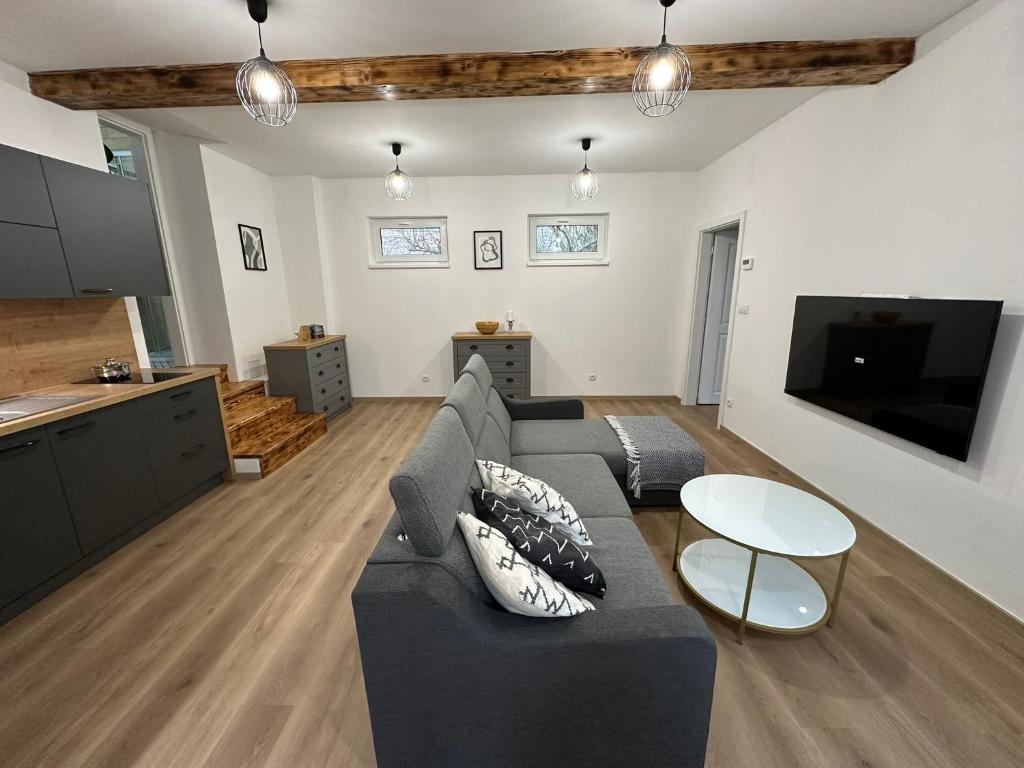 Una sala de estar con un sofá gris y una mesa. en Vila Fráňa apartmán 5, en České Budějovice