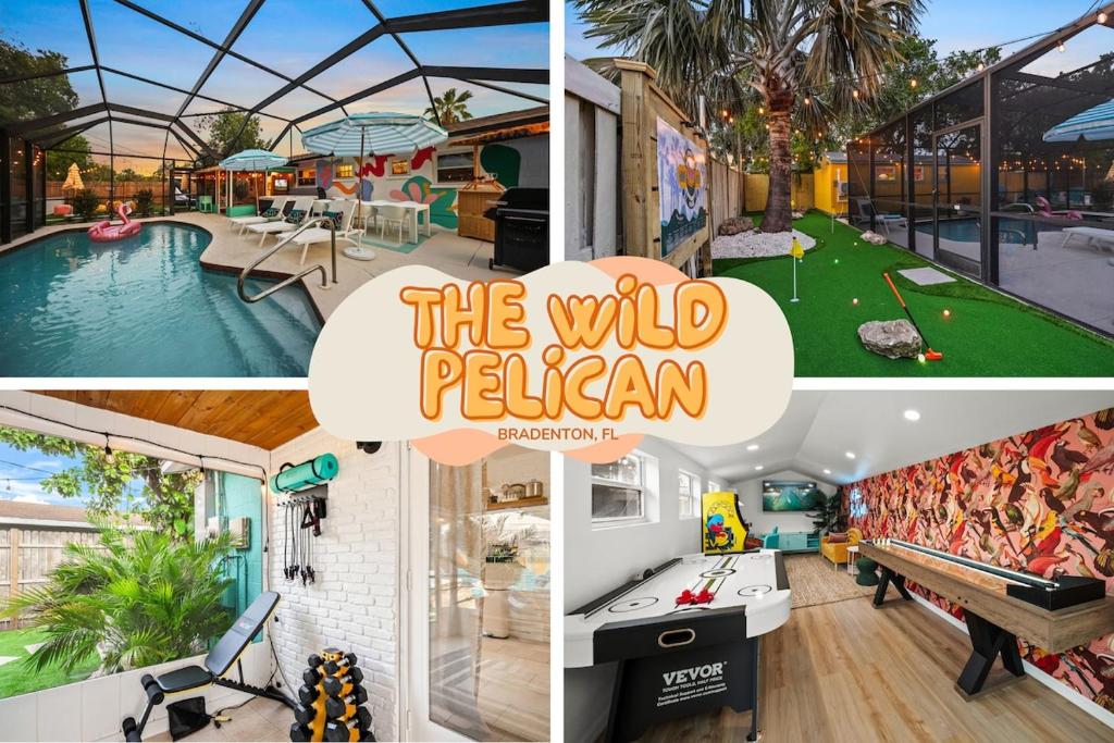 a collage of photos with a pool and a house at Heated Pool, Mini Golf, Arcade, Spa, AMI 6mi, IMG 3mi in Bradenton