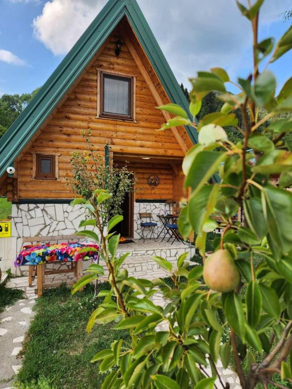 a log cabin with a bench in front of it at Princess Jana Apartments in Selišta