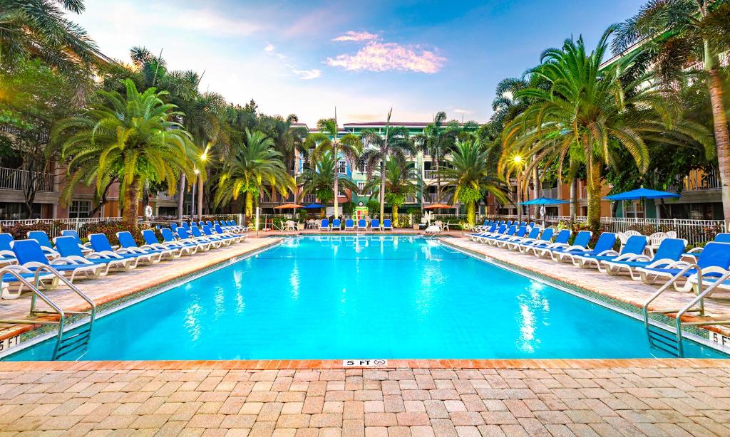 a large swimming pool with blue chairs and palm trees at Mizner Place at Weston Town Center, Fort Lauderdale in Weston