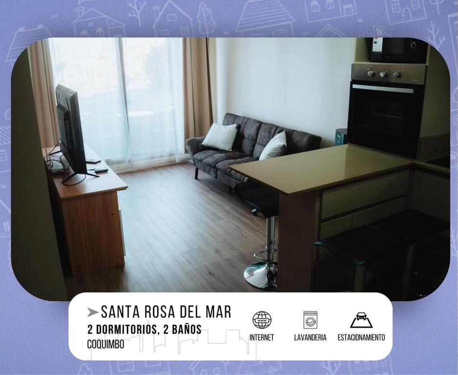 a small living room with a couch and a table at Nuevo Departamento Santa Rosa del Mar Coquimbo in Coquimbo