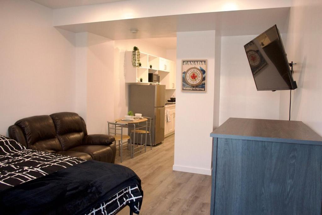 Cozy Bachelor Suite with Kitchenette - Near Downtown في سودبيري: غرفة بسرير واريكة وتلفزيون