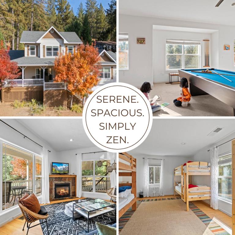 a collage of photos of a home with a pool table at Zen Whisper in the Woods in Groveland