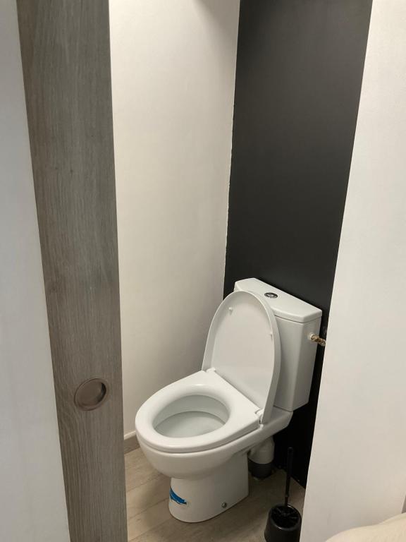 a bathroom with a white toilet in a room at Marco Christophe Regine in Saturargues