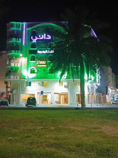 a palm tree in front of a building with green lights at Dani Serviced Apartments in Buqayq