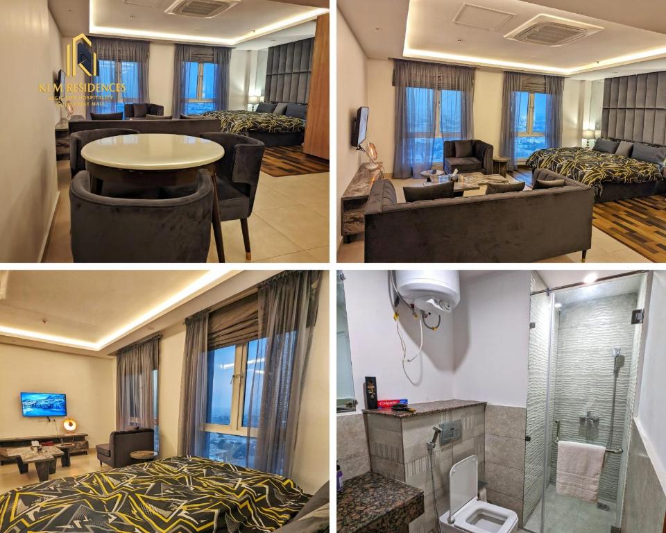 a collage of four pictures of a hotel room at Luxurious One-Bedroom Gold Crest Apartment with Stunning Balcony Retreat DHA Lahore in Lahore