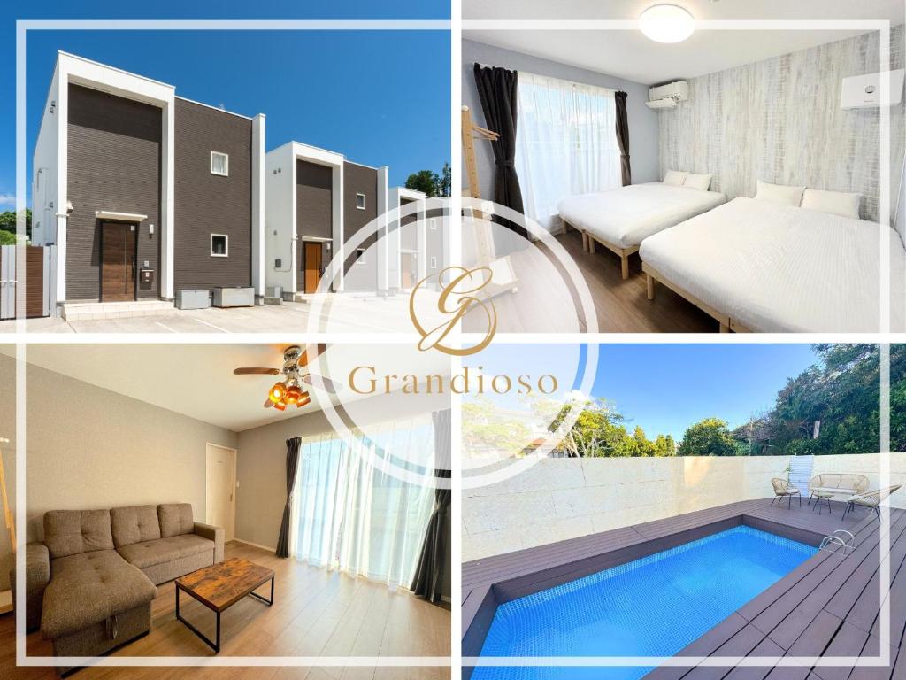 a collage of photos of a villa with a swimming pool at グランディオーソ沖縄プールヴィラ恩納4 in Onna