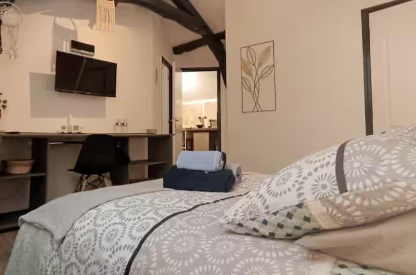 a bedroom with a bed and a desk with a television at Le Petit Dagonneau in Varennes Vauzelles