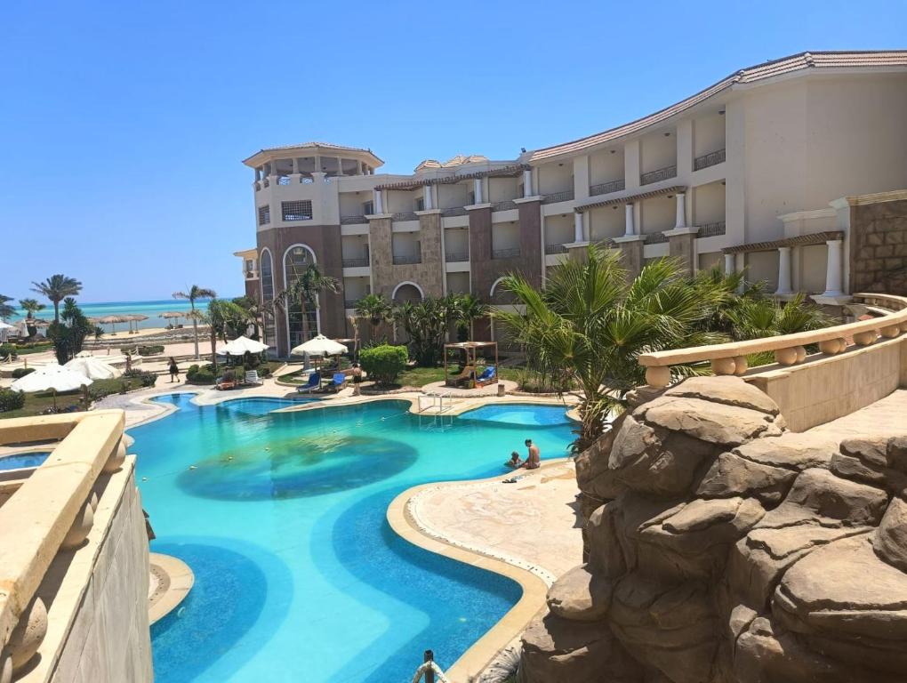 a view of the resort from the lazy river at Royal Beach Resort in Hurghada