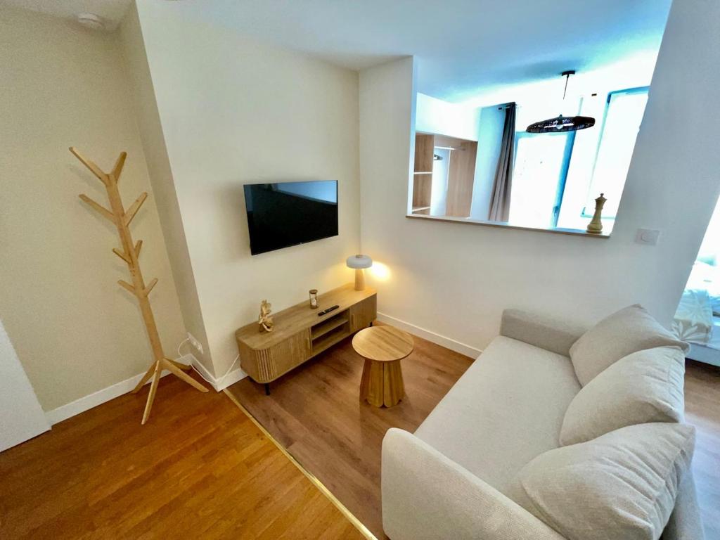 a living room with a couch and a tv at Appartment Mal coiffé in Moulins