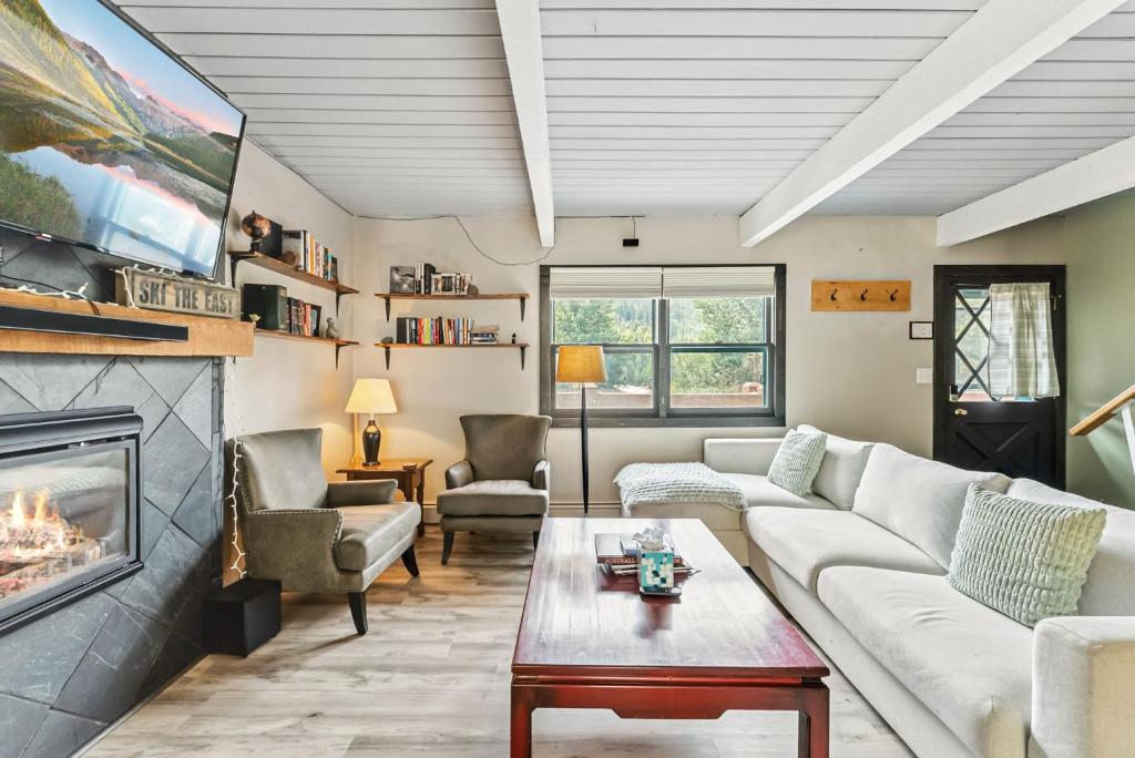 a living room with a couch and a fireplace at Scenic Basecamp Retreat Near Trails and Town in Vail