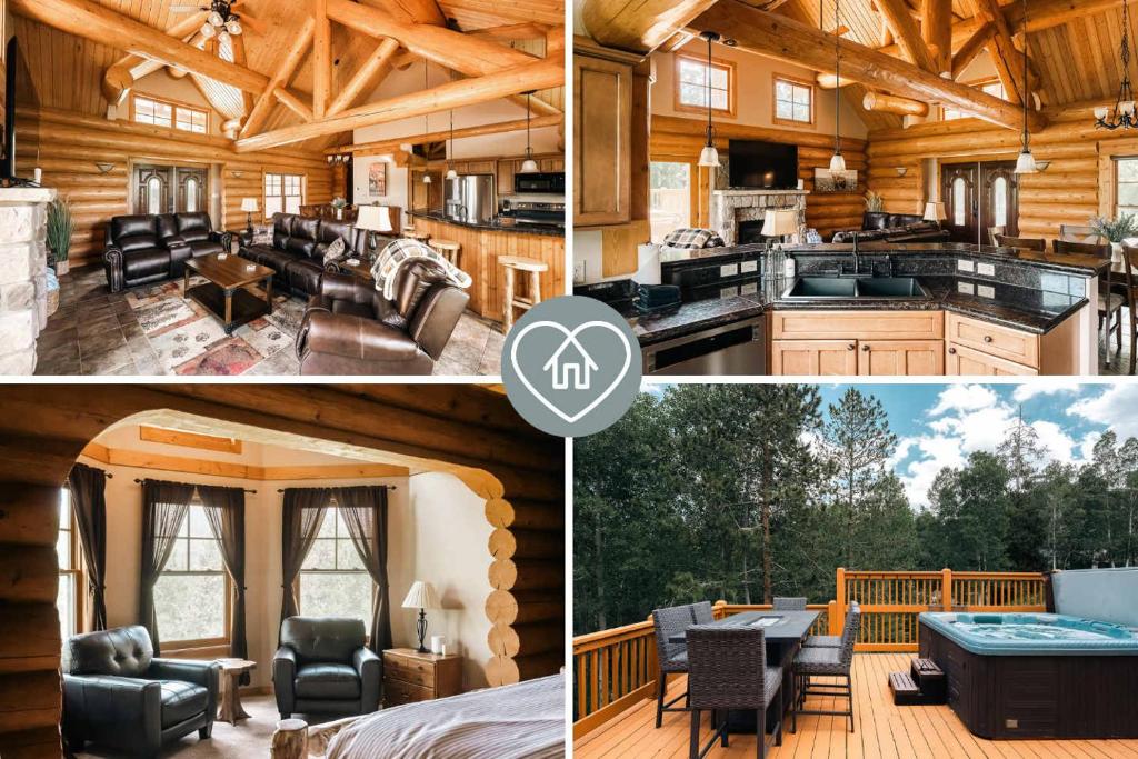 シルバーソーンにあるSki Hike Relax - Log Cabin with Views - Hot tubのビリヤード台のある丸太小屋の写真のコラージュ