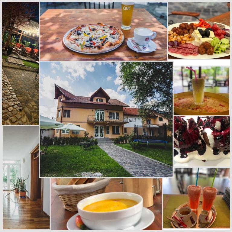 a collage of pictures of a house with food and drinks at La Pădure Pensiune-Restaurant in Novaci-Străini