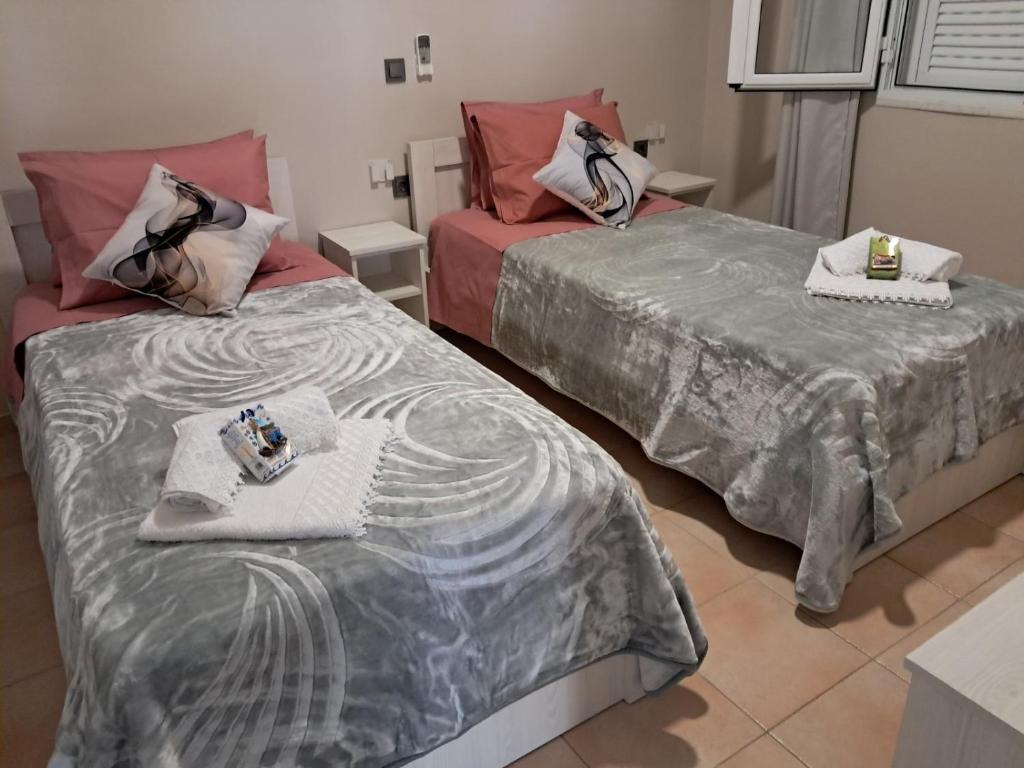 two beds sitting next to each other in a room at Villa Nicole in Katarrákhion