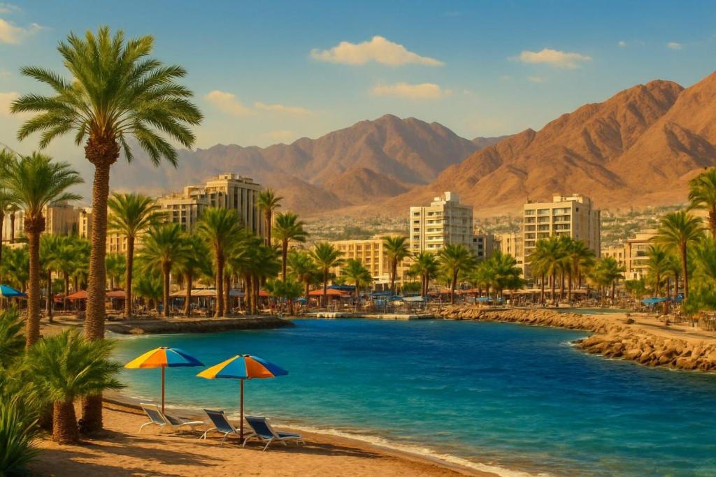 a swimming pool with palm trees and buildings at דירות לב אילת - lev eilat - מרחק 500 מטר מהים קניון וטיילת - מקבלים נוער in Eilat