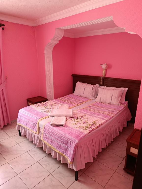a pink bedroom with a bed with pink walls at uç su havuzlu termal in Kızılcahamam