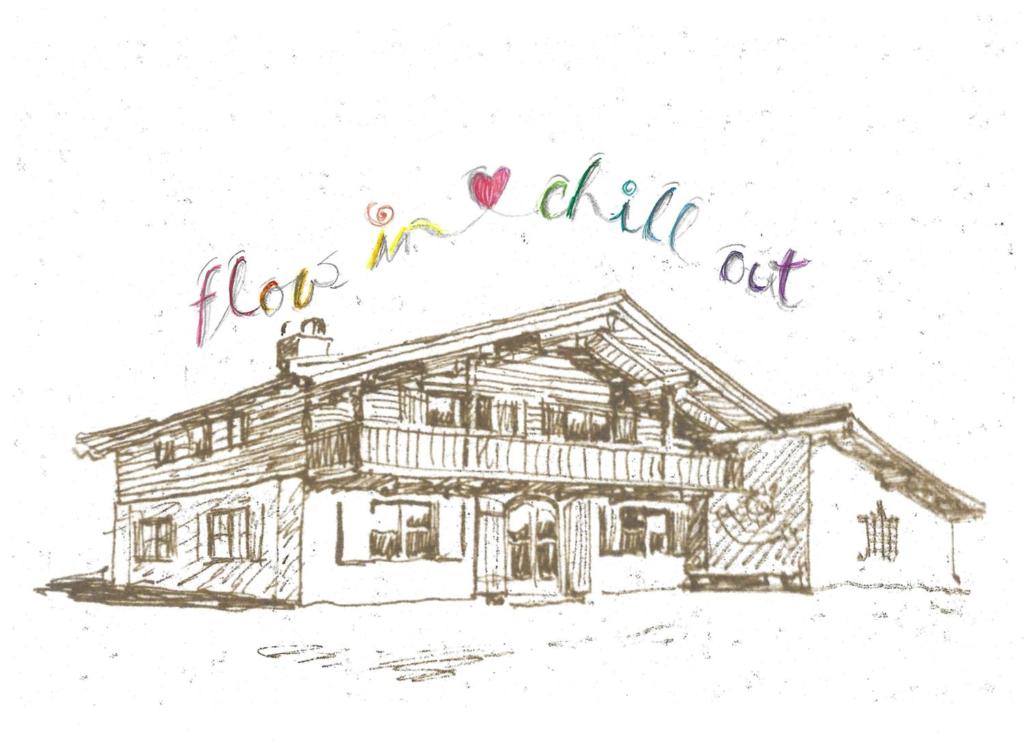 a drawing of a wooden house with a heart painted on it at Flow In in Kitzbühel
