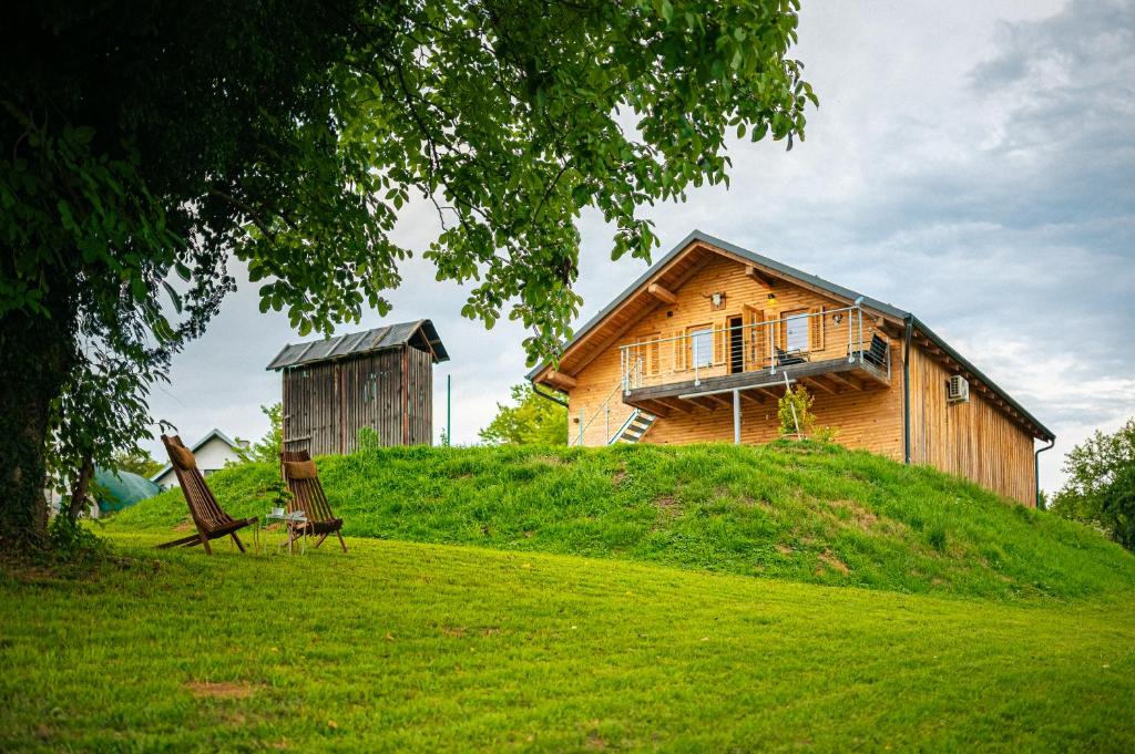 Zgornja VelkaにあるApartma Farm Blissの草の丘の上の木造家屋