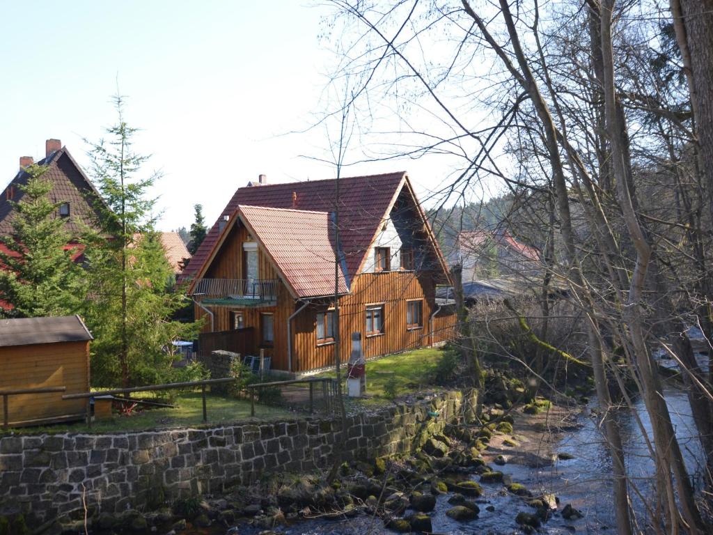 een groot houten huis naast een rivier bij Ferienhaus in Elend in Elend