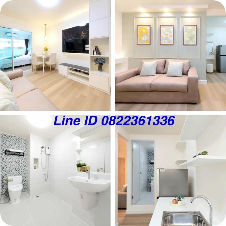 a collage of four pictures of a living room at Impact poppula P1 by เจี๊ยบ in Thung Si Kan