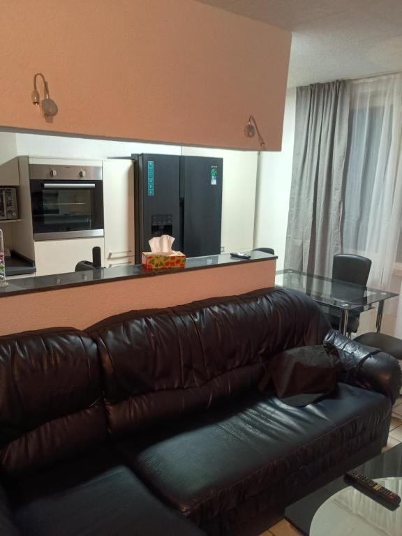 ein Wohnzimmer mit einem Ledersofa und einer Küche in der Unterkunft Appartment Messe in Köln
