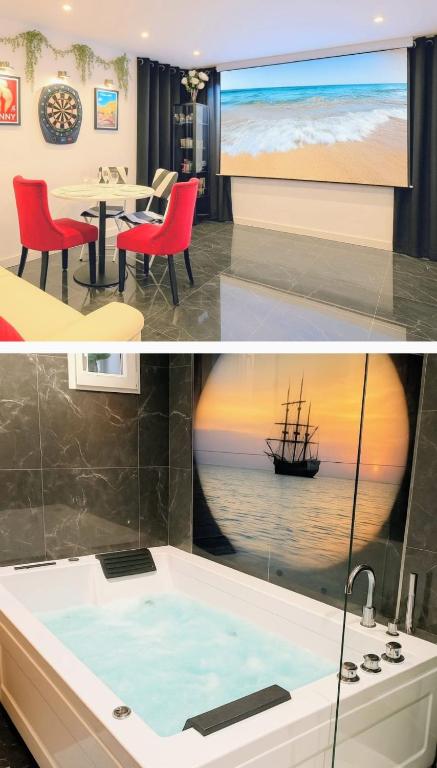 a bathroom with a bath tub with a boat on the wall at DRoom-Sauna Balneo & Cinema à Menton jusqu'à 4 invités in Menton