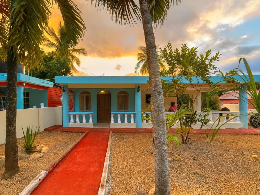 a house with palm trees in front of it at Villa Rosa in San Felipe de Puerto Plata